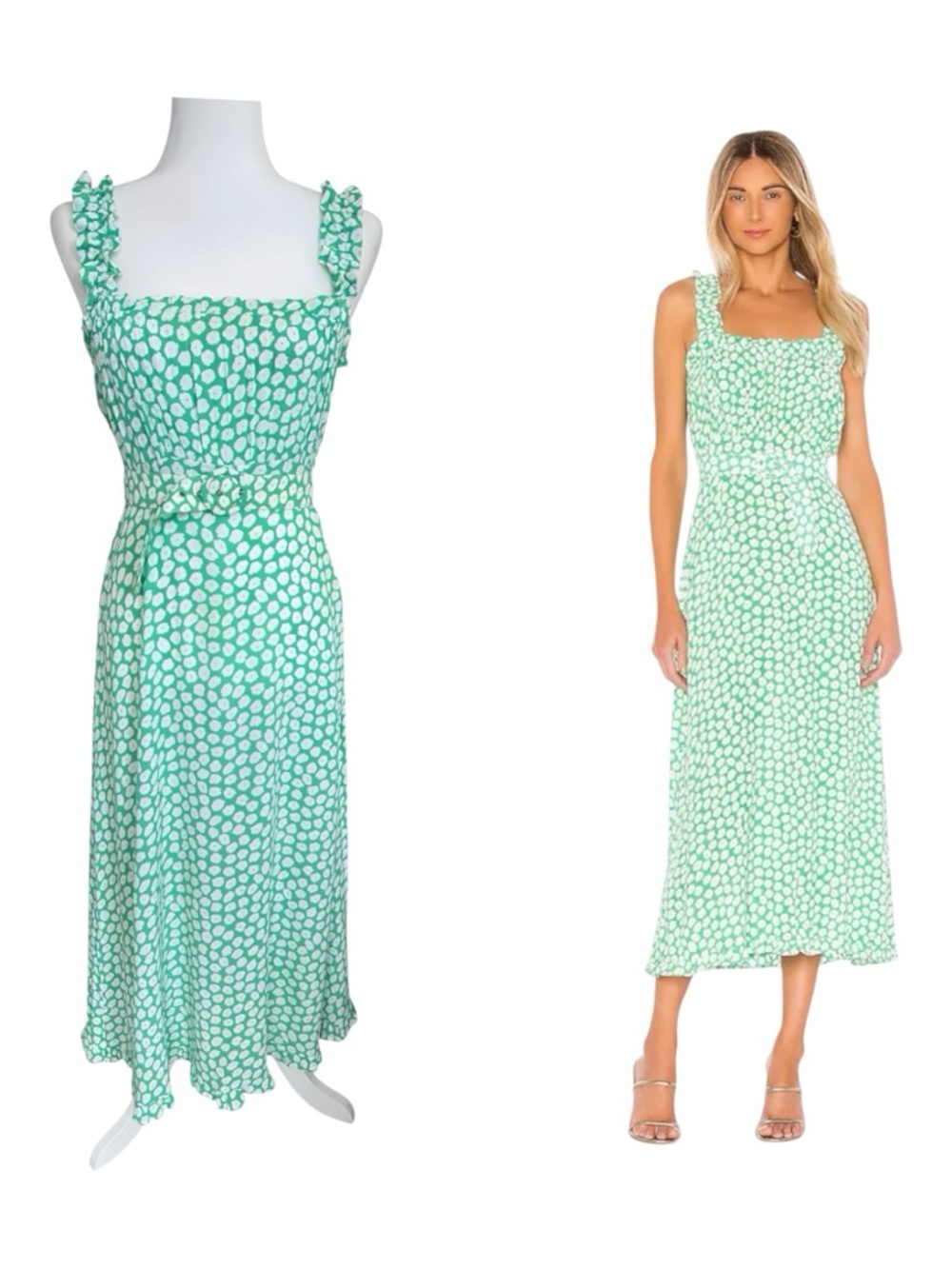 Faithfull The Brand Saint Tropez Midi Dress XS Green Floral Smocked Belted Rayon